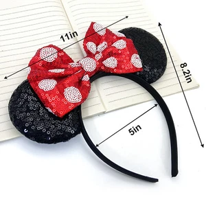 Mickey Minnie Mouse Ears Headband Black Red Fancy Dress Spotted Bow Ladies Girl - Picture 1 of 6