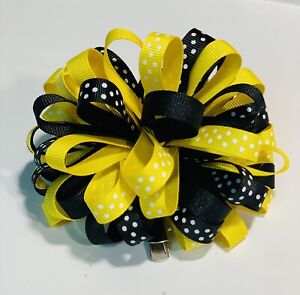 Handmade Loopy Puff Hair-Bow Yellow Black Colors  - Alligator clip