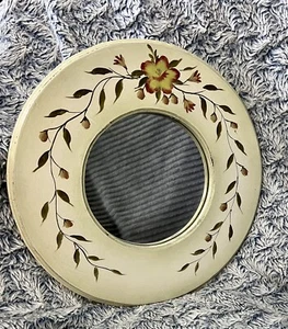 Wall Mirror Floral Accent Entry Wood Cottage Core Antiqued Cream Pink 15” Round - Picture 1 of 14