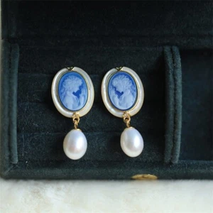 F18 Orecchini Flora Dea Fiori Madreperla Agata Blu Perla Acqua Dolce Argento 925 - Foto 1 di 2