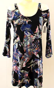 Karen Kane Dress M Rosewater Black Blue NWT Tropical Cold Shoulder Bell Sleeve - Picture 1 of 3