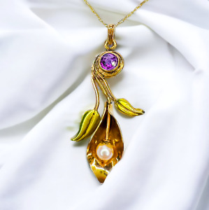 Antique Art Nouveau 10k Gold Calla Lily Flower Pearl Amethyst Necklace 18" 2.7g