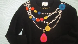 Kate Spade Black Jewel Graphic Cashmere Sweater Gold Necklace Sz Small S - Picture 1 of 8
