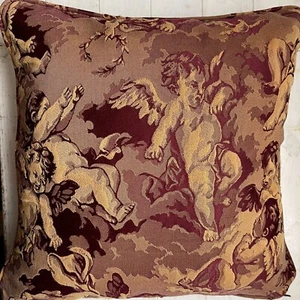 Vintage RARE Laura Ashley Cherub angel tapestry Brocade Red Square Cushion Cover - Picture 1 of 8