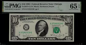 US 10 Dollars 1981 PMG 65 EPQ UNC Fr #2025-G FRN Chicago Buchanan | Regan - Picture 1 of 4
