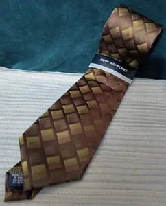 NWT John Ashford Brown & Khaki Geometric Pattern Tie Handmade Polyester - Picture 1 of 3
