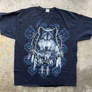 Vintage 90s Native American Wolf Dream Catcher Tribal Art Black T-Shirt Size XL - Bild 1 von 8