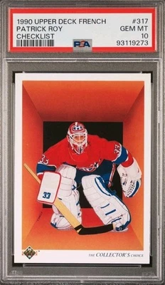 🔥🏒1990 UPPER DECK FRENCH #317 PATRICK ROY HOF CHECKLIST PSA 10🔥⛸️ - Image 1 of 2