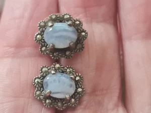 silver pale stone marcasite earrings beautiful - Picture 1 of 1