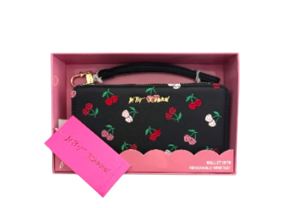 Cartera Betsey Johnson Bordada Cereza, Cuero Sintético Negro, NUEVA CON ETIQUETAS  Foto 1 de 4