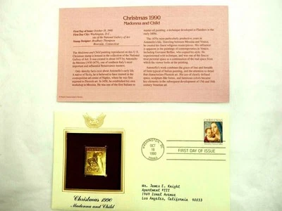 Christmas 1990 Madonna & Child- 22k Gold Stamp Replica 1st Day Issue 10,18,1990 - Image 1 of 4