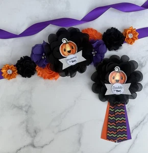 Halloween Kürbis Umstandsschärpe Gürtel und Papa Corsage Set - Bild 1 von 4