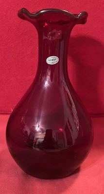 VTG. Anchor Hooking Glass Royal Ruby Red Vase W/Ruffle Rim Made In Italy 8.5” - Image 1 of 4