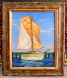 VTG 1990'S FRAMED SIGNED GLORIA OYANES ORIGINAL OIL PILAR THE SAILBOAT IN DOCK - Picture 1 of 24