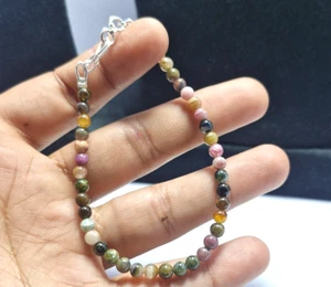 925 Silver Bracelet Round Tourmaline 5 mm Beads Natural Gemstone Jewelry 9 inch - Picture 1 of 11