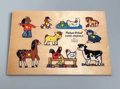 VINTAGE 1970s FISHER PRICE WOOD COMPLETE PUZZLE #507 FARM ANIMALS GOOD cond 70s - Image 1 of 4
