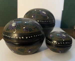 Thai, Floral Ornate, Hand Crafted Lacqued Trinket Box Nest Of 3 - Picture 1 of 22