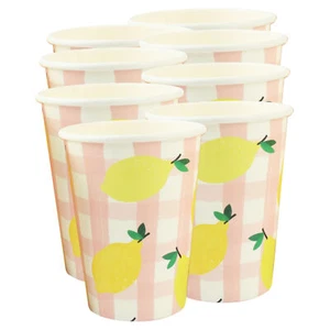 DISPOSABLE TABLEWARE Pink White Party BBQ Paper Plates Cups Pink Gingham Yellow - Picture 1 of 16