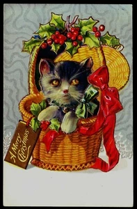 Vintage A MERRY CHRISTMAS embossed CAT Postcard - ca. 1920s - Picture 1 of 2