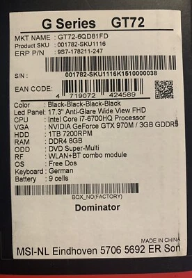 MSI GT72-6QD81FD 17,3 Zoll (1 TB, Intel Core i7 6. Gen, 2,6GHz, 8GB)... - Bild 1 von 4