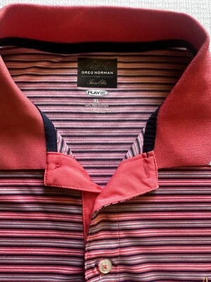 Polo de golf Greg Norman for Tasso Elba XL Play Dry rosa a rayas XL para hombre Foto 1 de 4