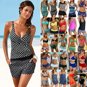 фWomen Tankini Bikini Set with Boy Shorts Swimsuit Swimwear Swimming Costume - Picture 1 of 27