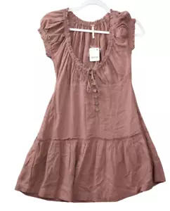 NWT Free People Mauve Mini Linen Dress Short Sleeve Brown Antique Oak Size XS - Picture 1 of 7