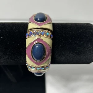 Gold Bangle Bracelet - Purple and cream Enamel Paint and Blue Stones AB crystals - Picture 1 of 5