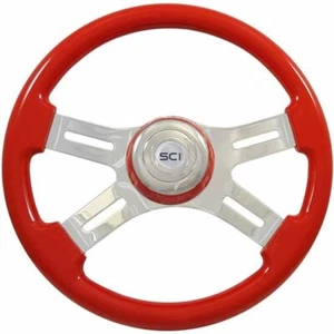Volante clásico 16 pulgadas cromado 4 radios rojo víbora con bisel a juego - Imagen 1 de 1