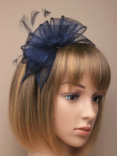 Navy Blue Fascinator Alice Hair Band with Stiffened Net Loops and Feather Ten... - Image 1 of 4