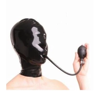 100% Natural Latex Handmade Latex Rubber Hood Mask Inflatable Gag Black - Image 1 of 2