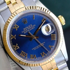 Rolex Datejust Mens TwoTone Watch Blue Roman Dial Fluted Bezel Jubilee Band 36mm - Picture 1 of 22