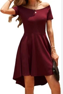 Sarin Mathews Womens Off The Shoulder Short Sleeve High Low Cocktail (Burgundy) - Picture 1 of 8