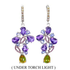Orecchini In Argento Sterling 925 Con Opale Di Fuoco, Ametista E Rodolite - Foto 1 di 10