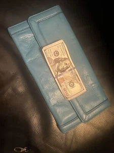 BANANA REPUBLIC Leather Teal AQUA BLUE/TURQUOISE Envelope Clutch Folding Purse - Picture 1 of 9