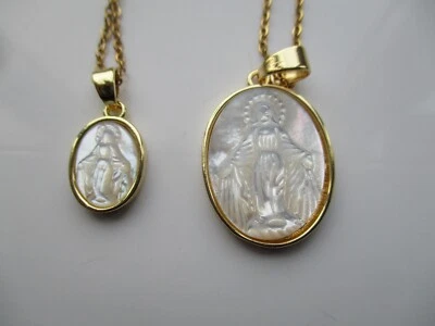 Mother of Pearl Gold Plated Virgin Mary OVAL Pendant and Necklace St Christopher - Image 1 of 4