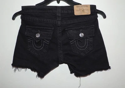 TRUE RELIGION WOMENS JEAN SHORTS BLACK SKINNY CUT OFF SIZE 26 DISTRESSED DENIM - Image 1 of 4