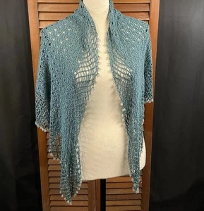 MAG Beaded Triangular Shaped 100% Silk Crocheted Teal Scarf Shawl Wrap - Picture 1 of 8