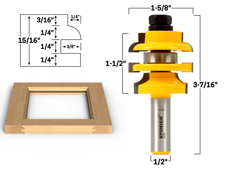 Roundover Stacked Rail and Stile Router Bit - 1/2" Shank - Yonico 12118 - Image 1 of 1