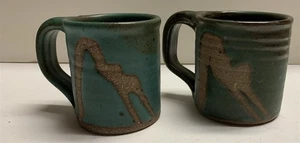 Lot of 2 Hand Thrown Studio Pottery Mugs Signed Green Glaze - Picture 1 of 6