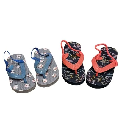 Baby Boys Flip Flops Lot of 2 Sz 3 5 6 Baseball Shark Summer Shoes Sandals - Image 1 of 4