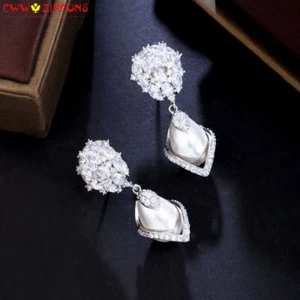 Chic CZ Long Pearl Drop Earring Silver Plated Cocktail Party Jewelry Accessories - Bild 1 von 8