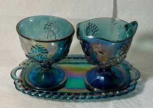 Vintage Indiana Glass Co. Blau Karneval Ernte Traube 3 Stück Sahne & Zucker Set - Bild 1 von 7