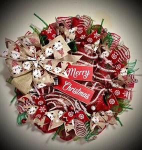 Handmade mesh Christmas Wreath XL 22 in gnome wreath peppermint ribbon swag - Picture 1 of 1