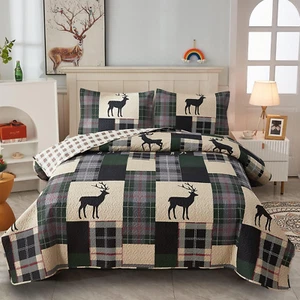 Lodge Bedspread King Size, Rustic Cabin Quilt Set Deer Printed Bedspreads Coverl - Picture 1 of 9