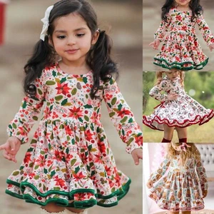 Kids Girls Dress Long Sleeve Round Neck Christmas Printed Princess Party Dress - Picture 1 of 33