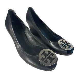 Tory Burch Sally 2 Tumbled Black Leather Peep Toe Wedge Heels Women's Size 9.5 - Picture 1 of 10