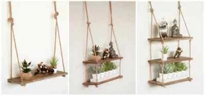 Hanging Rope Shelf Rustic Home Decor Twine Wooden Shelves Wall Mounted Display - Picture 1 of 33