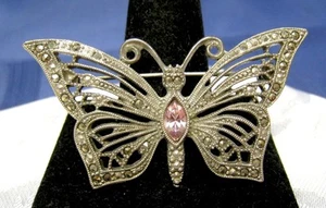 VINTAGE SILVER TONE MARCASITE BUTTERFLY PIN PINK RHINESTONE BROOCH - Picture 1 of 6