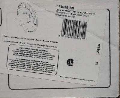 Kit de ajuste de válvula de ducha Lahara Monitor serie 14 en acero inoxidable, T14038-SS Foto 1 de 3